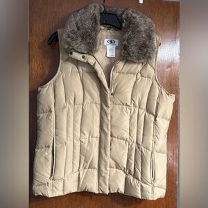 Athletic Works Tan Quilted Puffer Vest with Faux Fur Collar